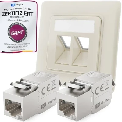 Immagine di hb digital presa di rete CAT 6a da incasso a 2 porte RAL9010 bianco puro + moduli Keystone RJ45 LAN Ethernet per 5e 6 500MHz 10 Gbit/s STP