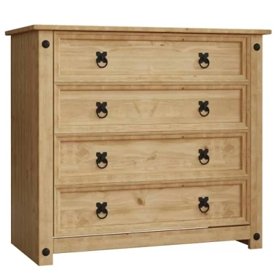 Immagine di Home Discount, Corona, cassettiera rustica in legno massello di pino messicano, con 4 cassetti e finitura anticata cerata