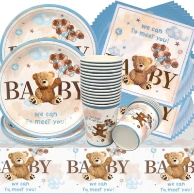 Immagine di Doyomtoy Stoviglie per Feste Orsetto, 61 Pezzi Bears Compleanno Decorazioni Orsetti Piatti di Compleanno, Tazze, Tovaglioli Baby Shower Bambini Favors