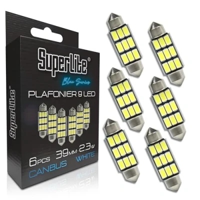 Immagine di Superlite Set di 6 lampadine da soffitto a 9 Leds, 39 mm 2,3W della gamma Blue Series. Tecnologia CanBus luce bianca. Ideale per auto e camion.