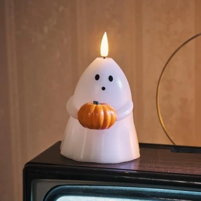 Immagine di Lights4fun TruGlow® Candela Senza Fiamma in Vera Cera a Forma di Fantasma con LED Bianco Caldo Pile Timer e Telecomando Decorazione Halloween per Interni