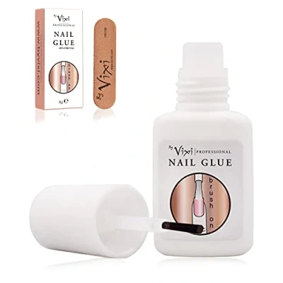 Immagine di 8g By Vixi EXTRA STRONG NAIL GLUE with BRUSH and FREE PREP FILE Clear Instant Dry Adhesive, Professional Salon Quality