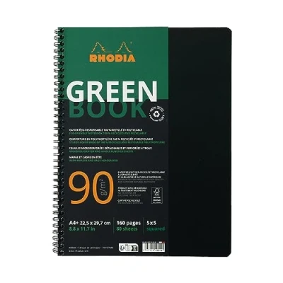 Immagine di Rhodia 119912C Rhodiactive Greenbook petits carreaux 5/5 avec cadre en tête, A4+ reliure intégrale, 160 pages microperforées, perf.4 trous, papier recyclé 90g FSC®