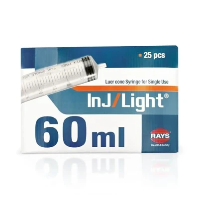 Immagine di Rays Siringhe Monouso da 60 ml a Tre Corpi con Cono Luer Eccentrico Senza Ago di Inj/Light Siringa Confezione 25 Unità, Sterili, Ideali per Infusioni e Iniezioni, Alta Precisione