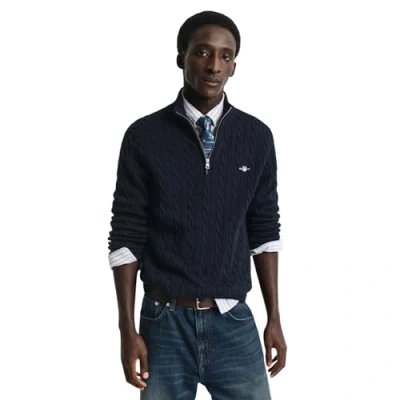 Immagine di GANT Cavo in Cotone con Mezza Zip Pullover, Blu Evening Blue, L Uomo