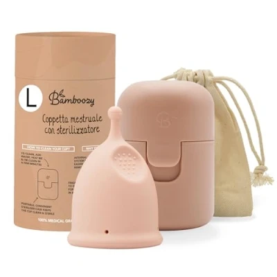 Immagine di Bamboozy Coppetta Mestruale Con Sterilizzatore (L) Coppette Mestruali Riutilizzabili Realizzate in Silicone Medico Fino a 12 Ore di Protezione Senza Plastica, BPA