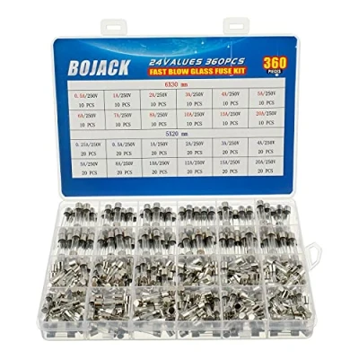 Immagine di BOJACK 24 Valori 360 pezzi Kit di classificazione dei fusibili in vetro a fusione rapida 250V 5x20mm 6x30mm 0.25 0.5 1 2 3 4 5 6 7 8 10 12 15 20A packag una scatola plastica trasparente