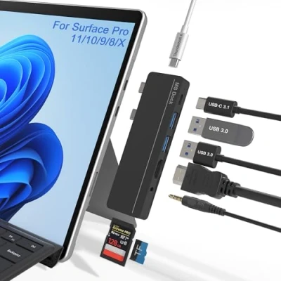 Immagine di Surface Pro 8 accessori, hub con HDMI 4K, USB C Thunerbolt 4 da 100 W, C, audio, 2* A 3.0, scheda TF/SD, triplo display per Microsoft 9 / X