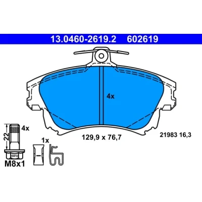 Immagine di ATE 13.0460 2619.2 Kit pastiglie freno con segnalatore acustico usura bulloni pinza MITSUBISHI: Colt 6, VI CZC Cabrio, SMART: Forfour I