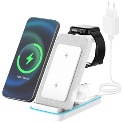 Immagine di JOEAIS Stazione di Ricarica Wireless 3 in 1, Caricatore Pieghevole con Adattatore, Stand Multipla 15W Max per iPhone/Samsung/Apple Watch/Apple Earphones (Bianco)