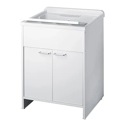 Immagine di Negrari Lavatoio Lavapanni in Resina, resistente all&#039;umidità, Vasca agli acidi, Kit di scarico incluso, Interno e Esterno, L60 x P60 H85 cm, Bianco