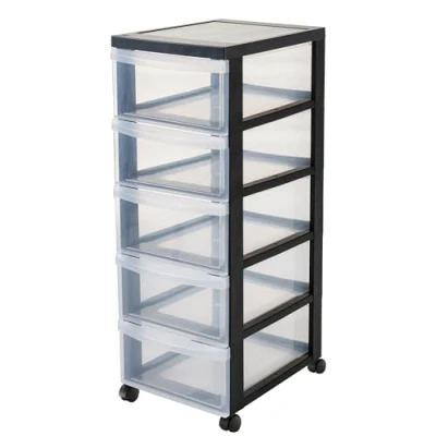 Immagine di Iris Ohyama Cassettiera in Plastica con ruote, 5 Cassetti Grandi, Nero, Maniglie facili Da tirare, Organizzatore, Per Camera Letto, Bagno, Scuola e Ufficio, Senza BPA, Contenitore, DC 005