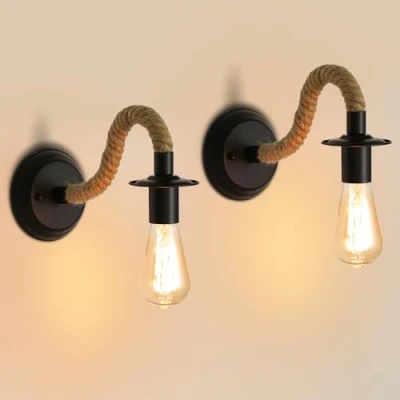 Immagine di 2 Pezzi Applique da parete Interno Vintage, Lampada in Corda di Canapa, E27 180 Regolabile per Corridoio Attico Camera letto Bar Caffe (Lampadina non Inclusa)