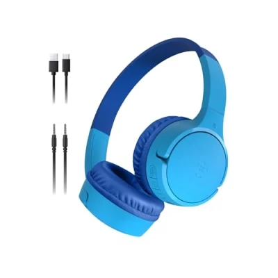 Immagine di Belkin SoundForm Mini Cuffie wireless per bambini con microfono, 30 ore di riproduzione, adesivi divertenti, headset over ear didattica online, scuola e viaggi, iPhone, iPad Galaxy, blu