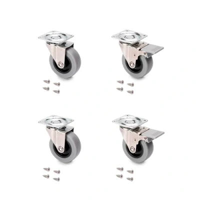 Immagine di Emuca Set di 4 Rotelle Pivotanti Grigie per Mobile con Piastra Assemblaggio e Cuscinetto a Sfere, Ø50mm, Portata 35 kg Ruota, Acciaio Cincato