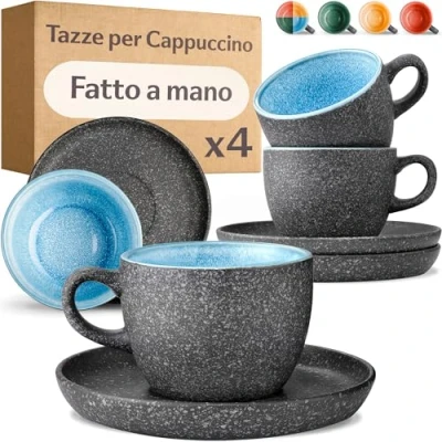 Immagine di Cosumy Set di 4 Tazze per Cappuccino in Ceramica con Piattini 200ml Gres Spesso Smalto Reattivo Artigianale Mantiene il Calore a Lungo (Blu)