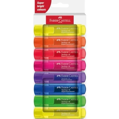 Immagine di Faber Castell 254648 Set 46 evidenziatori, confezione da 8, colori neon, con punta a cuneo lunga durata, larghezza linea 1 5 mm, ricaricabile
