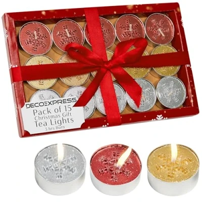 Immagine di DECO EXPRESS Candele Tealight 24, 25, 50, 100, 200 Pezzi, Lunga Durata 4/8/10 Ore Vari Colori (Confezione multipla da 15)