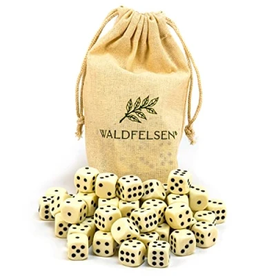 Immagine di Waldfelsen® Set di 50 cubi da 6,12, 20, 30 o in acrilico alta qualità 16 mm a forma gioco Dice 6 lati, con sacchetto stoffa (avorio, pezzi)