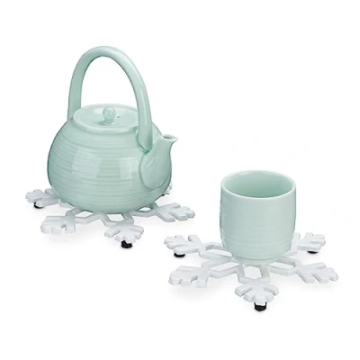 Immagine di Relaxdays Sottopentola in Ghisa, Set da 2 Piastre Rialzate per Pentole e Padelle, Proteggi Tavolo, 1,5x18x18 cm, Bianco