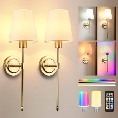 Immagine di 2 Pezzi Applique da Parete Interno,6000 mAH Senza Fili,Lampada a batteria Ricaricabile USB,Lampada Muro Dimmerabile con Telecomando per Camera Letto Soggiorno Corridoio,Oro