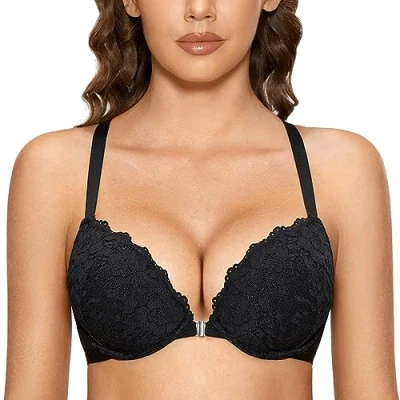 Immagine di DOBREVA Donna Reggiseno Push Up Apertura Frontale Pizzo con Ferretto Imbottito Scollatura Profonda Nero 6C