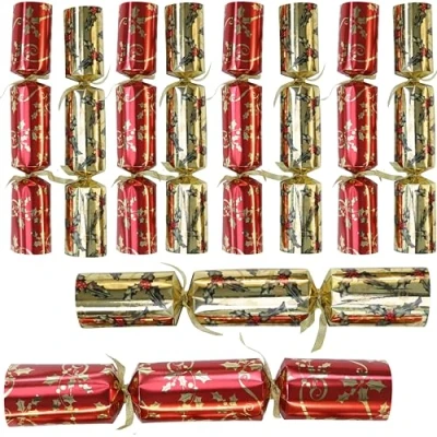 Immagine di Toyland® 10 bomboniere per cene di Natale Regali deluxe Cappello da festa Scherzo x 14 cracker (agrifoglio rosso e oro)