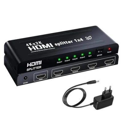 Immagine di Ozvavzk Splitter HDMI 1x4, Ripartitore 1 Input 4 Ouput, Divisore 3D 4K 1080P Full HD per HDTV STB PS3 DVD Multmedia PC ect.