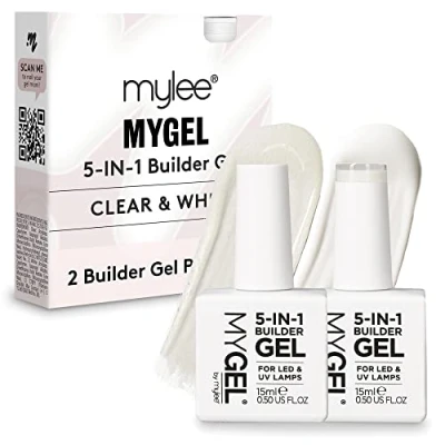 Immagine di Mylee Duo di Gel Costruttore 5 in 1 2x15ml, Bianco e Trasparente Base Top Coat Smalto Rinforzante UV/LED, Punte ed Extension, Decorazioni Nail Art, Riparazione Manicure Professionale