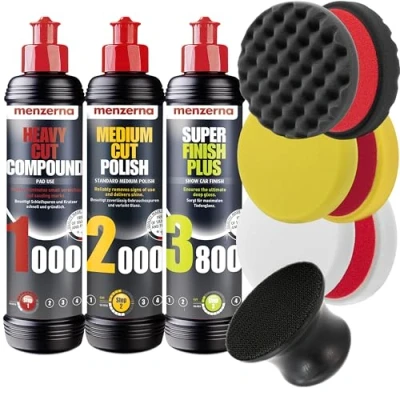 Immagine di detailmate Set di Lucidi e Pasta abrasiva lucidante Menzerna 250 ml SHC 1000 + MC 2500 SFP 3500 3 Tamponi per lucidare (Morbido, Medio, Duro) Panno Microfibra la lucidatura