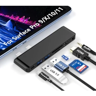 Immagine di Surface Pro 9 Docking Station Compatibile Pro10/11/X Adattatore con Thunderbolt 4 (Display+Dati+100W PD), 4K HDMI,USB 3.0,SD/TF Solt, audio 3,5 mm Accessori Hub