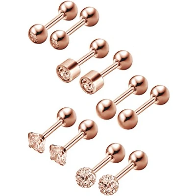 Immagine di Orecchini a Bottone in Acciaio Inossidabile Rotonda Palla Cubico Zirconia Barretta Orecchino Set Elica Piercing per Trago Cartilagine Orecchio, 5 Stili (Oro Rosa, Paia)