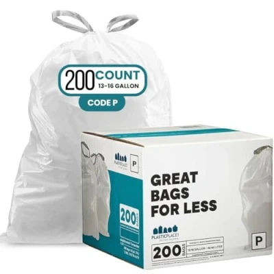 Immagine di Plasticplace Simplehuman (X), sacchetti per immondizia con coulisse, compatibili codice P, 40,3 x 80 cm, 200 pezzi, bianco