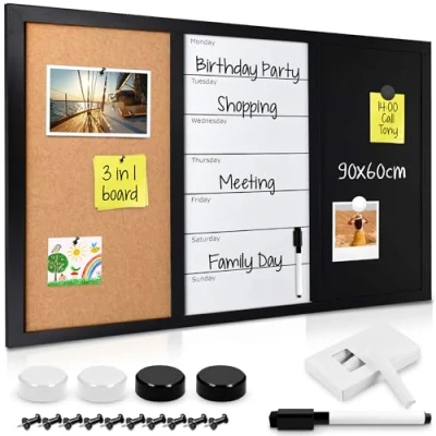 Immagine di Navaris Lavagnetta Combinata Magnetica Sughero Combo Lavagna 3in1 per Pennarello Gessetti e Puntine Memo Board 90x60cm con Gessi Magneti Spilli