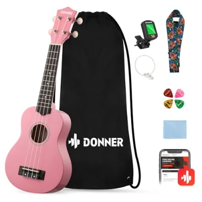 Immagine di Donner Ukulele per Principiante Soprano Kit 21 Polllici con Custodia Corde Ukelele Hawaiano Online Lezione Colore Rosa