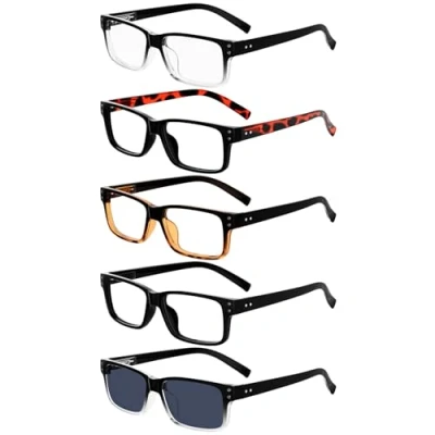 Immagine di Eyekepper 5 Paia Occhiali da Lettura per Uomini Donne Montatura Plastica Cerniere a Molla Include Una Lenti Grigio Sole (Misti, +2.75)