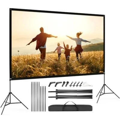 Immagine di VISULAPEX 100&quot;Schermo Proiettore, 4K HD 16:9 Schermo Proiettore con Supporto Portatile, Grandangolo di 160 Gradi, Perfetta per Teatro Domestico Cinematografico