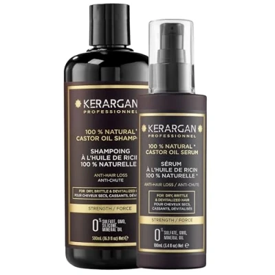 Immagine di Kerargan Duo Anti Caduta Shampoo e Siero all&#039;Olio di Ricino Per Capelli Secchi, Fragili Devitalizzati Fortifica Favorisce la Crescita Senza Solfati, Parabeni Siliconi 500ml + 100ml