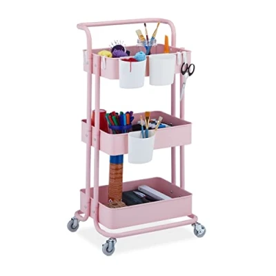 Immagine di Relaxdays Carrello da Cucina con Ruote, 3 Ripiani, 2 Freni, Portaoggetti per Bagno e Ufficio, HxLxP 86x38x39 cm, Rosa, 80% Acciaio plastica 10% Feltro