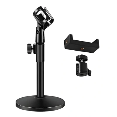 Immagine di Getaria Supporto per microfono da scrivania tavolo multifunzionale regolabile con clip microfono,Clip telefono cellulare,Adattatore in metallo (Base rotonda)