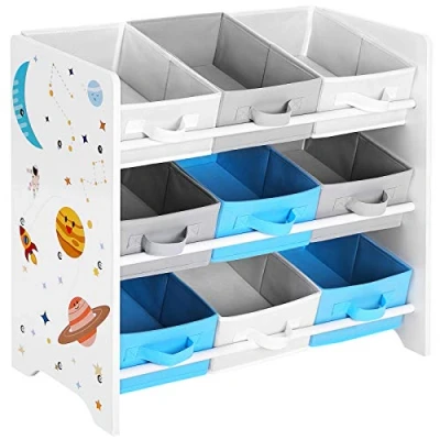 Immagine di SONGMICS Scaffale Portaoggetti, 9 Scatole per Giocattoli e Libri, Organizzatore in Tessuto TNT, Camera dei Bambini, Sala Giochi, Asilo, 62,5 x 29,5 60 cm, Motivi Spaziali, Bianco GKR33WT