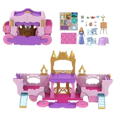 Immagine di Mattel Disney Princess Castello Carrozza, playset trasformabile 2 in 1 con mini bambola Aurora, include 3 piani, 6 aree di gioco, 4 personaggi, e accessori, giocattolo per bambini, 3+ anni, HWX17