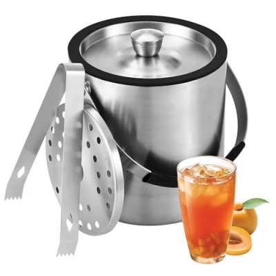 Immagine di 2 litri Secchiello Ghiaccio, Ghiaccio In Acciaio Inox con Coperchio sigillante, Colino e pinze per Perfetto cocktail Bar, Feste, Casa