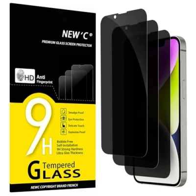 Immagine di NEW&#039;C 3 Pezzi, Pellicola Protettiva Privacy per iPhone 14, 13, 13 Pro (6,1 Pollici), Angolo di 28 Gradi Migliorato, Durezza Ultra Resistente 9H, Senza Bolle