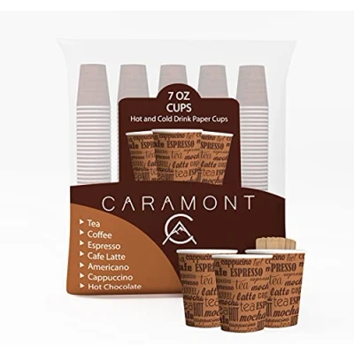 Immagine di Caramont,7 oz,Bicchieri Caffè Carta,400 Pz con Palettine In Legno,Ecologici e Usa Getta,Resistenti al Calore,Ideali per Caffè,Tè,Compleanni,etc.