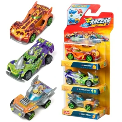 Immagine di T Racers Mix &#039;N RACE 3 Pack Confezione da auto collezione, ogni può essere divisa in due con parti e ruote intercambiabili. 1/4