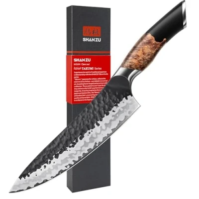 Immagine di SHAN ZU Coltelli da Cucina Forgiato a Mano, Coltello Santoku 18 cm, Professionali Giapponese in Acciaio 7 Strati Multiuso Affilato con Manico Acero
