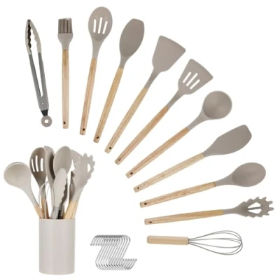 Immagine di Set Utensili Cucina di 12 Pezzi Silicone con Portaposate e Manico in Legno da Resistente al Calore Antiaderente Lavabile Lavastoviglie (Kaki)