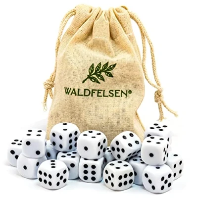 Immagine di Waldfelsen 6, 12, 20, 30 o 50 dadi di alta qualità, dimensioni standard 16 mm, acrilici, da gioco, 6 lati, set accessori gioco con sacchetto stoffa (bianco, 20 pezzi)
