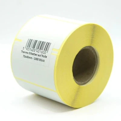 Immagine di MD Labels etichette termiche bianche su rotolo, 70 x 40 mm, 1000 pezzi, autoadesive permanenti, per codici a barre, adesive scrivere